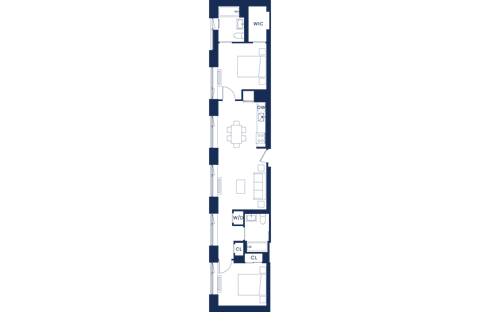 Floor plan for 2 beds, 2 baths, 1033 sqft